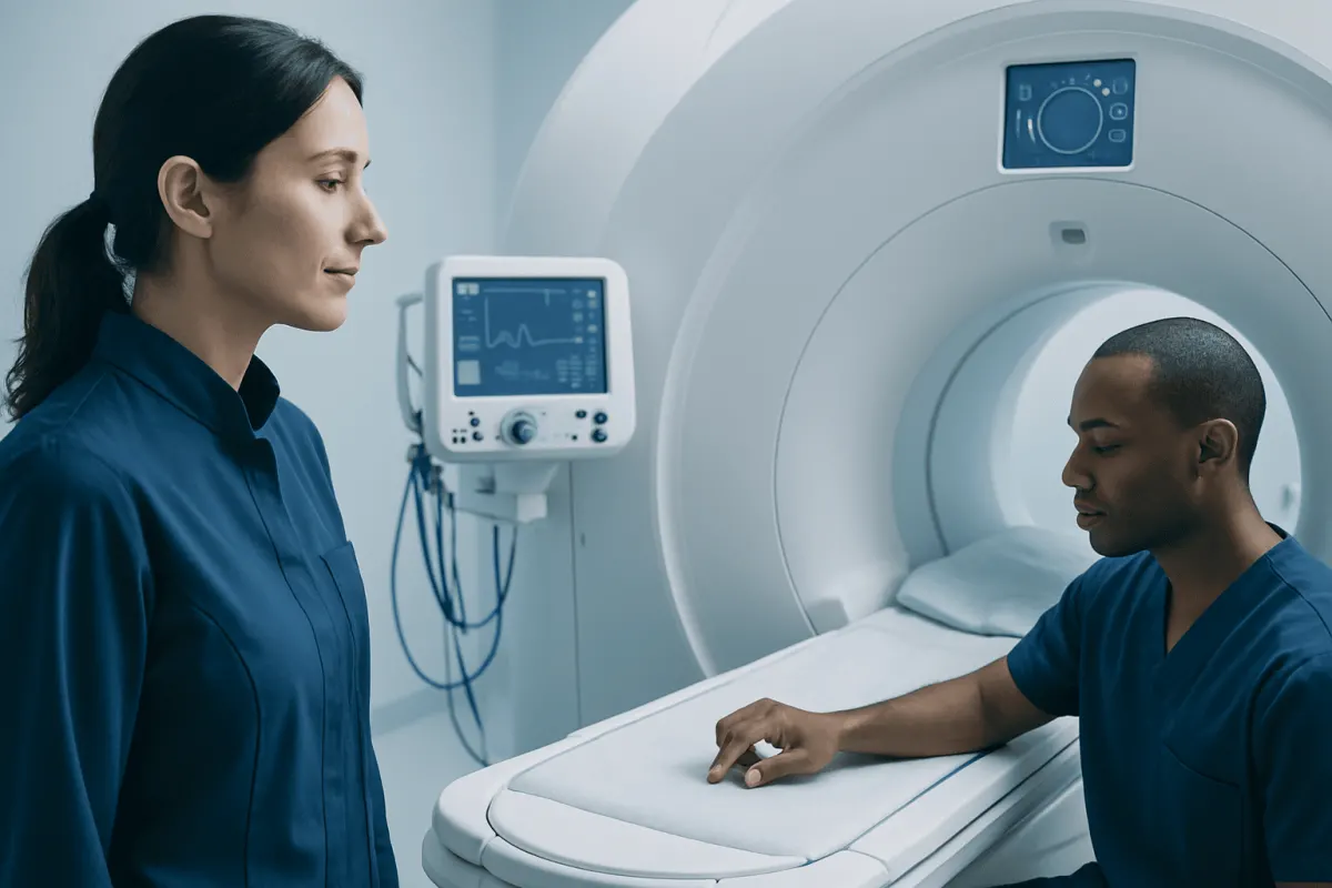 Medical professionals preparing for an MRI scan in a hospital setting.