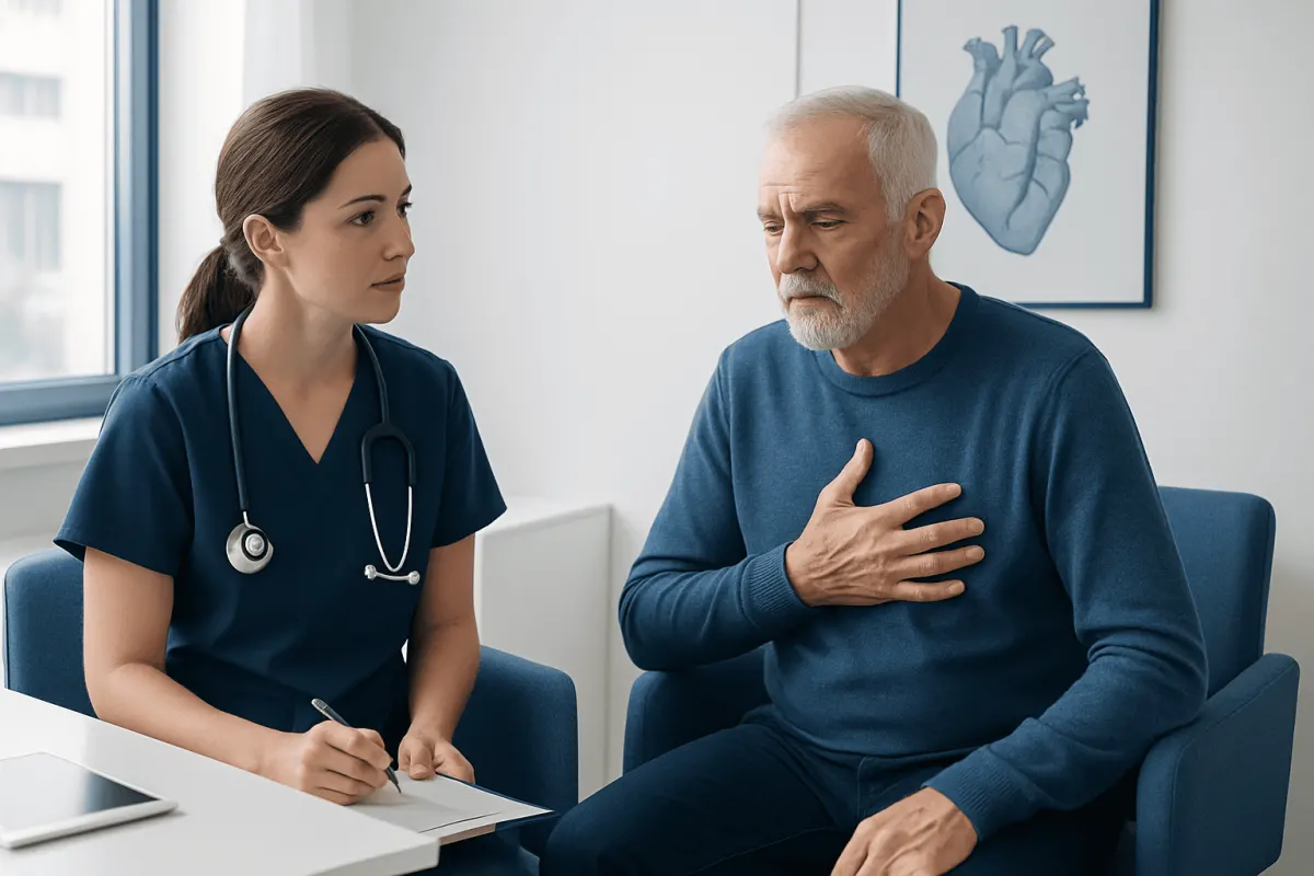 Doctor consulting with a patient about heart health and surgery urgency.