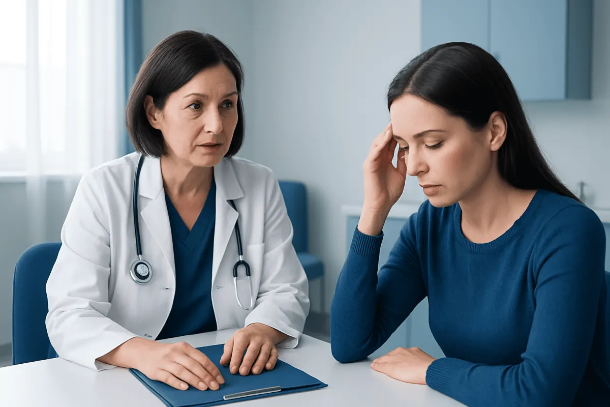 Doctor consulting with a patient about health concerns in a medical office.