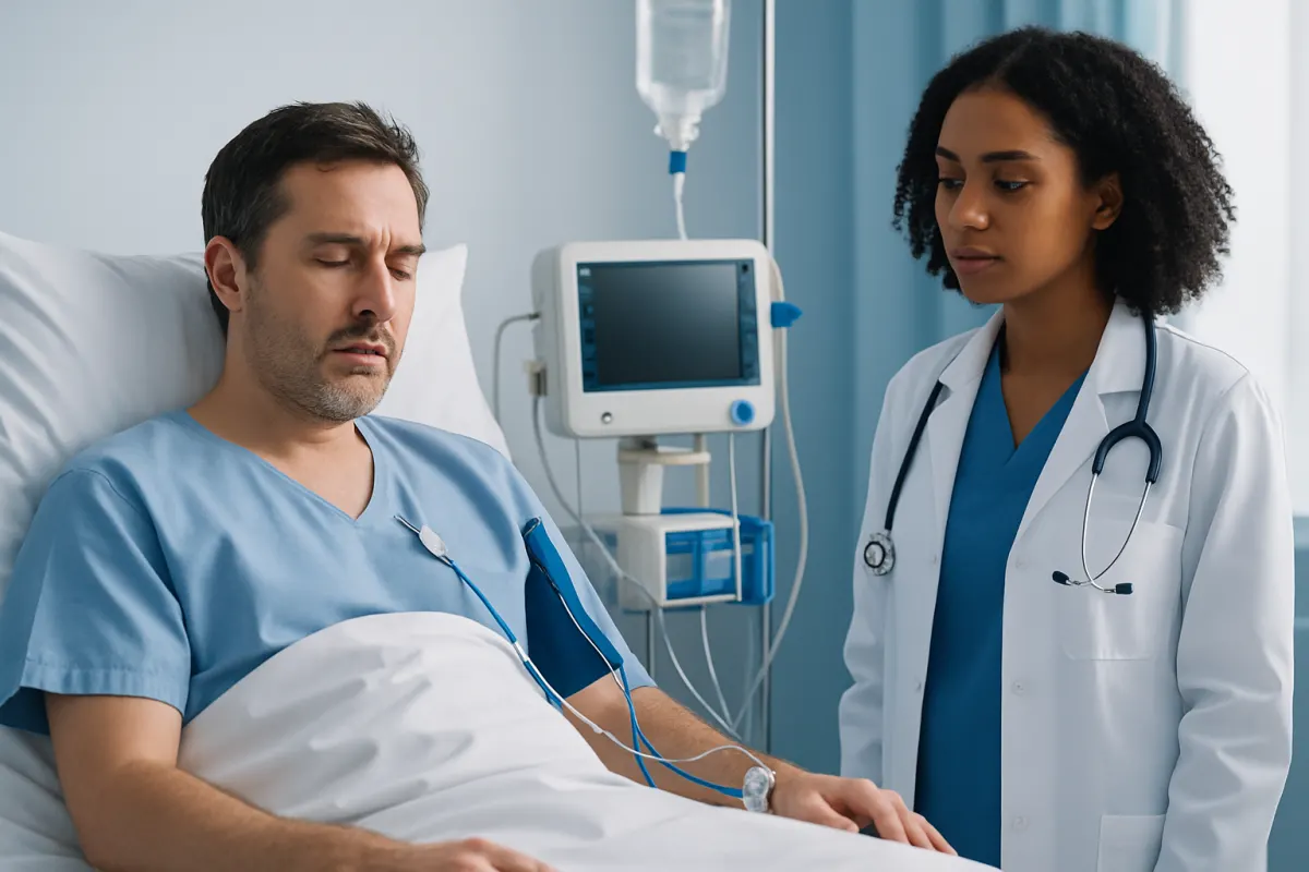 Patient in hospital bed with medical staff monitoring vital signs.