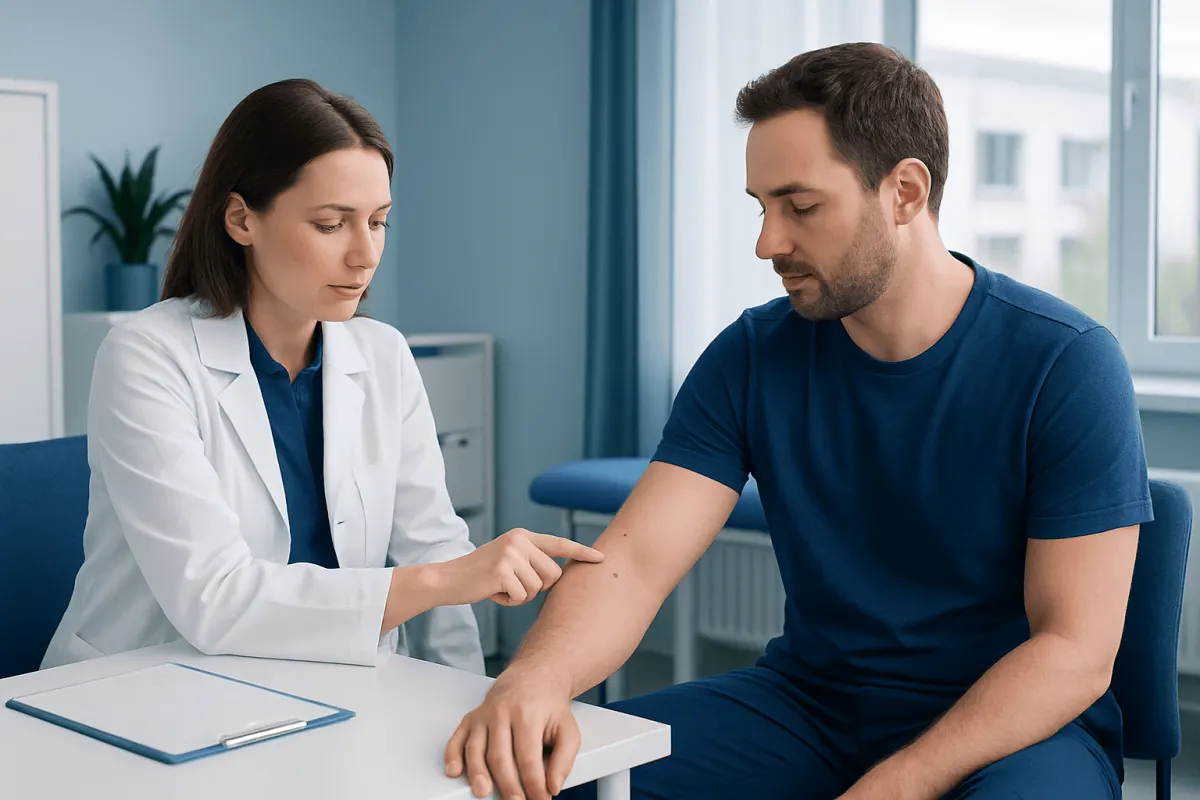 Doctor examining patient's skin for new moles or skin changes.