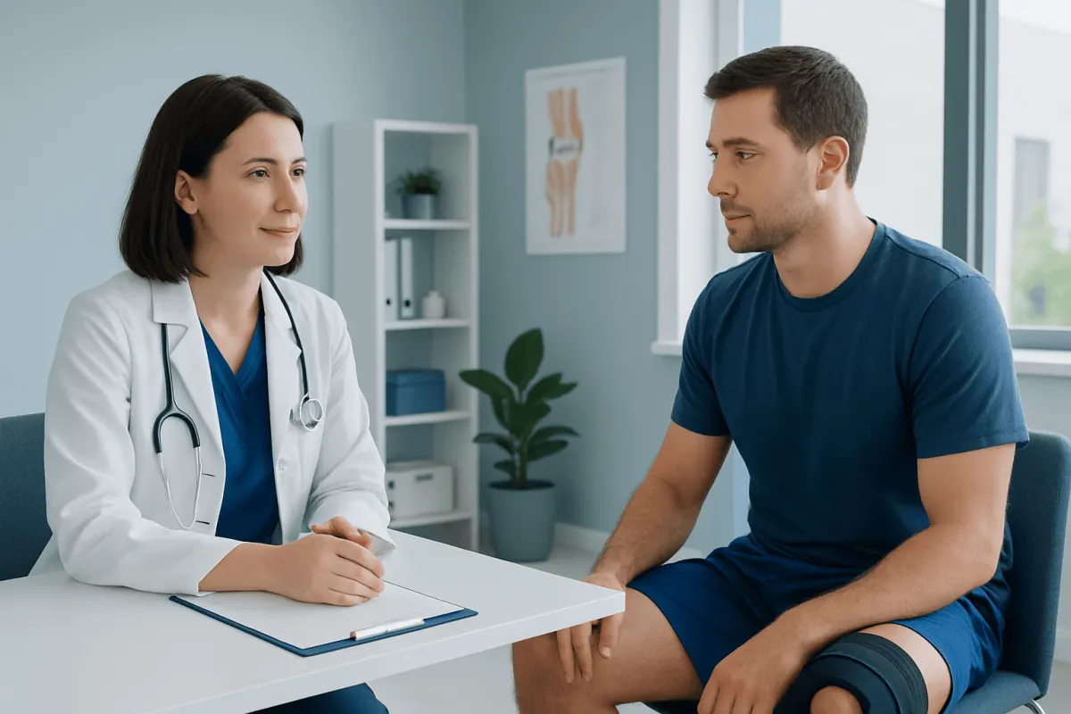 Doctor consulting with patient about knee injury in a modern clinic.