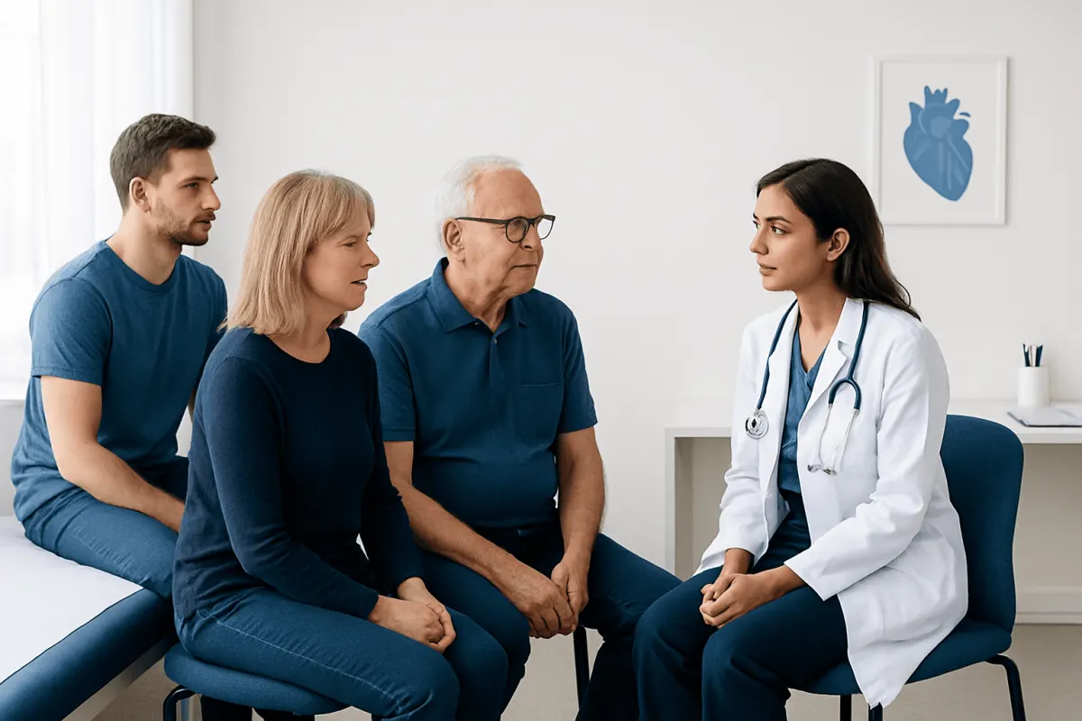 Doctor consulting with elderly patients in a medical office.