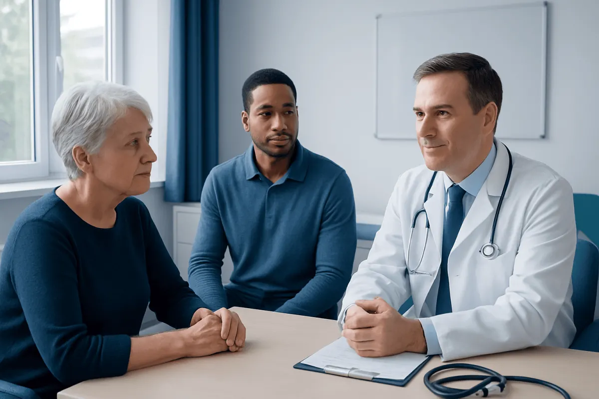 Doctor consulting with elderly woman and young man in hospital office.