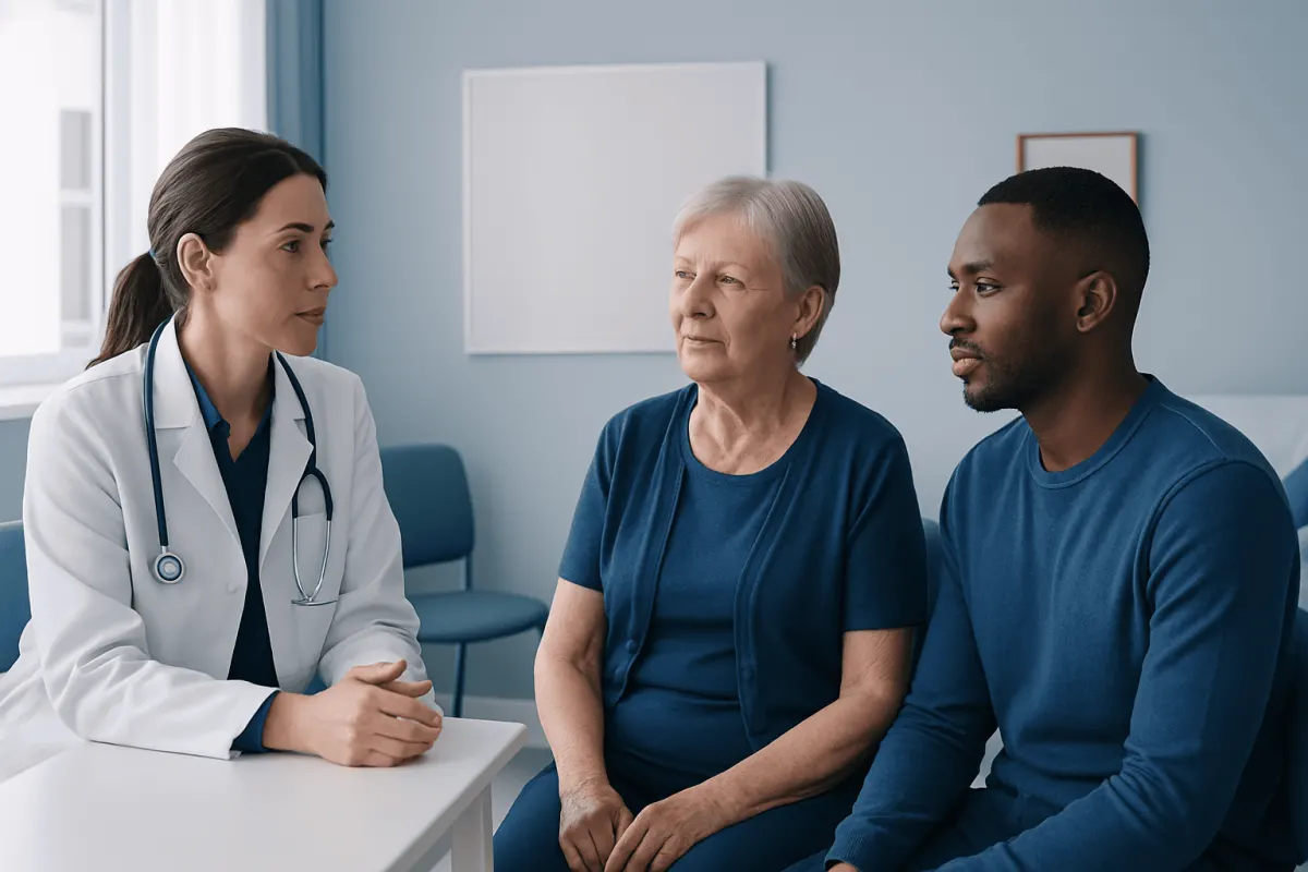 Doctor consulting with elderly patient about health in clinic setting.