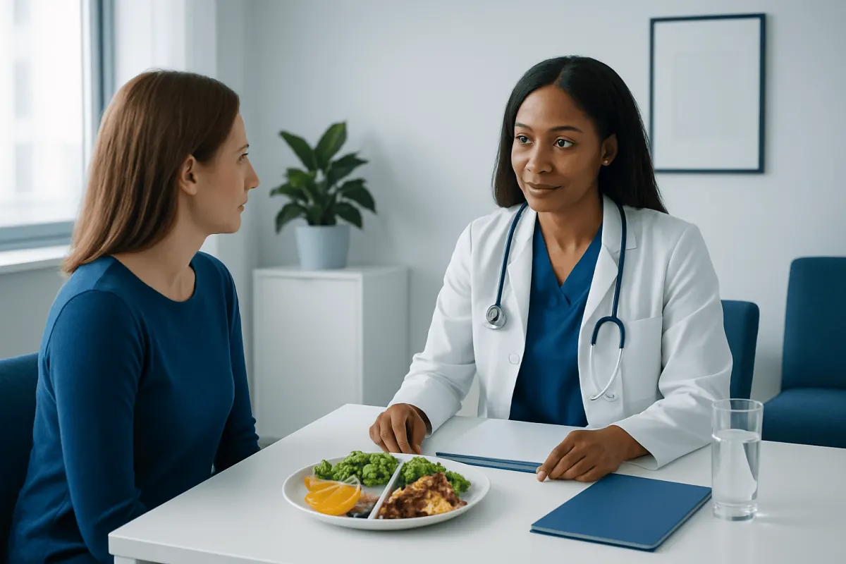 Doctor consulting patient about healthy eating and meal planning.