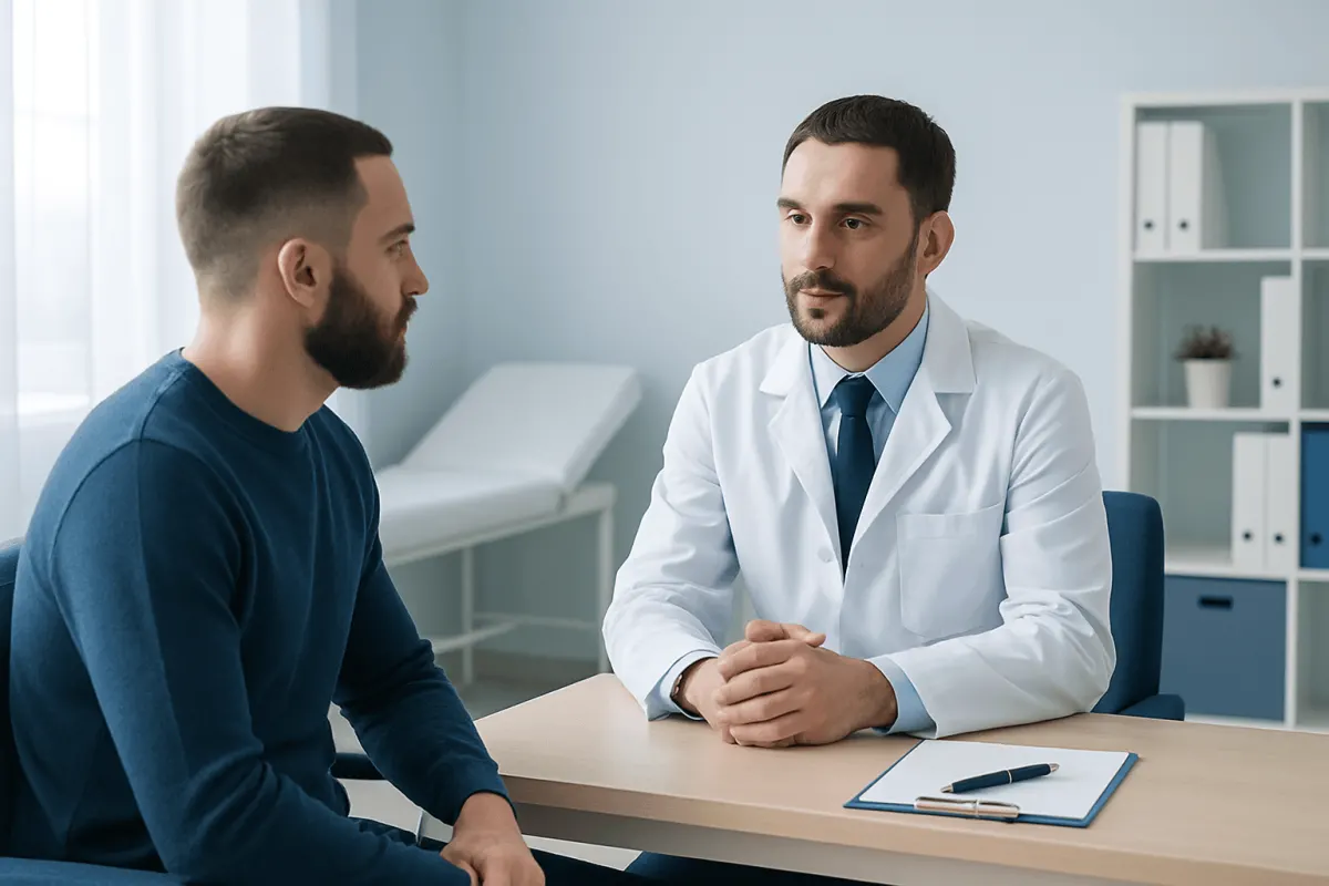 Doctor consulting with patient in a medical office setting.