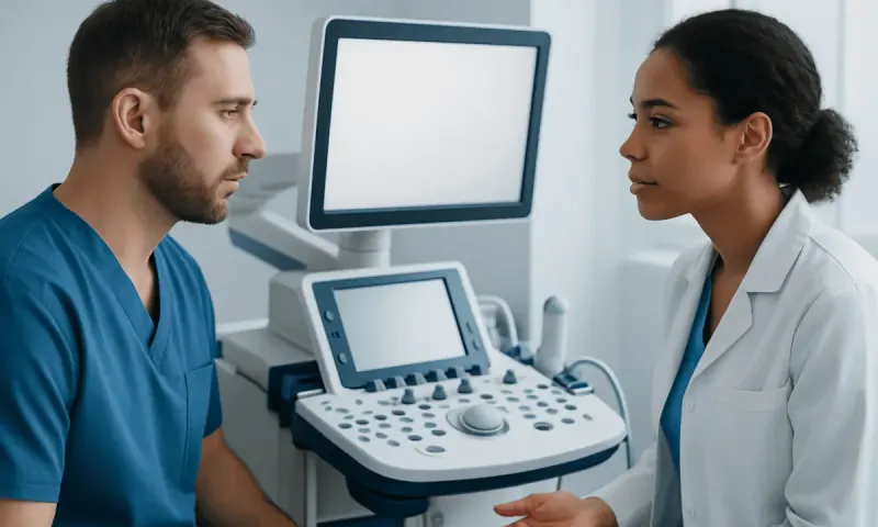 Doctor and patient discussing medical ultrasound results in clinic.