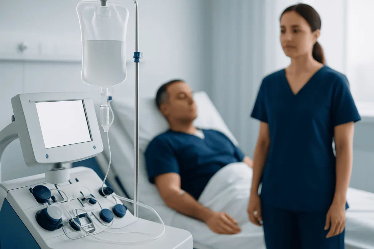Patient in hospital bed with medical staff and dialysis machine in background.