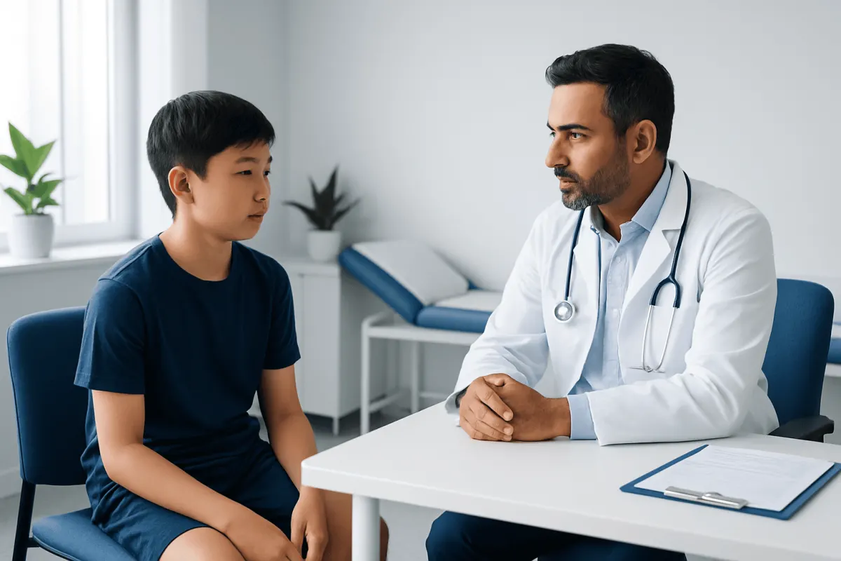 Doctor consulting young patient in a medical office setting.