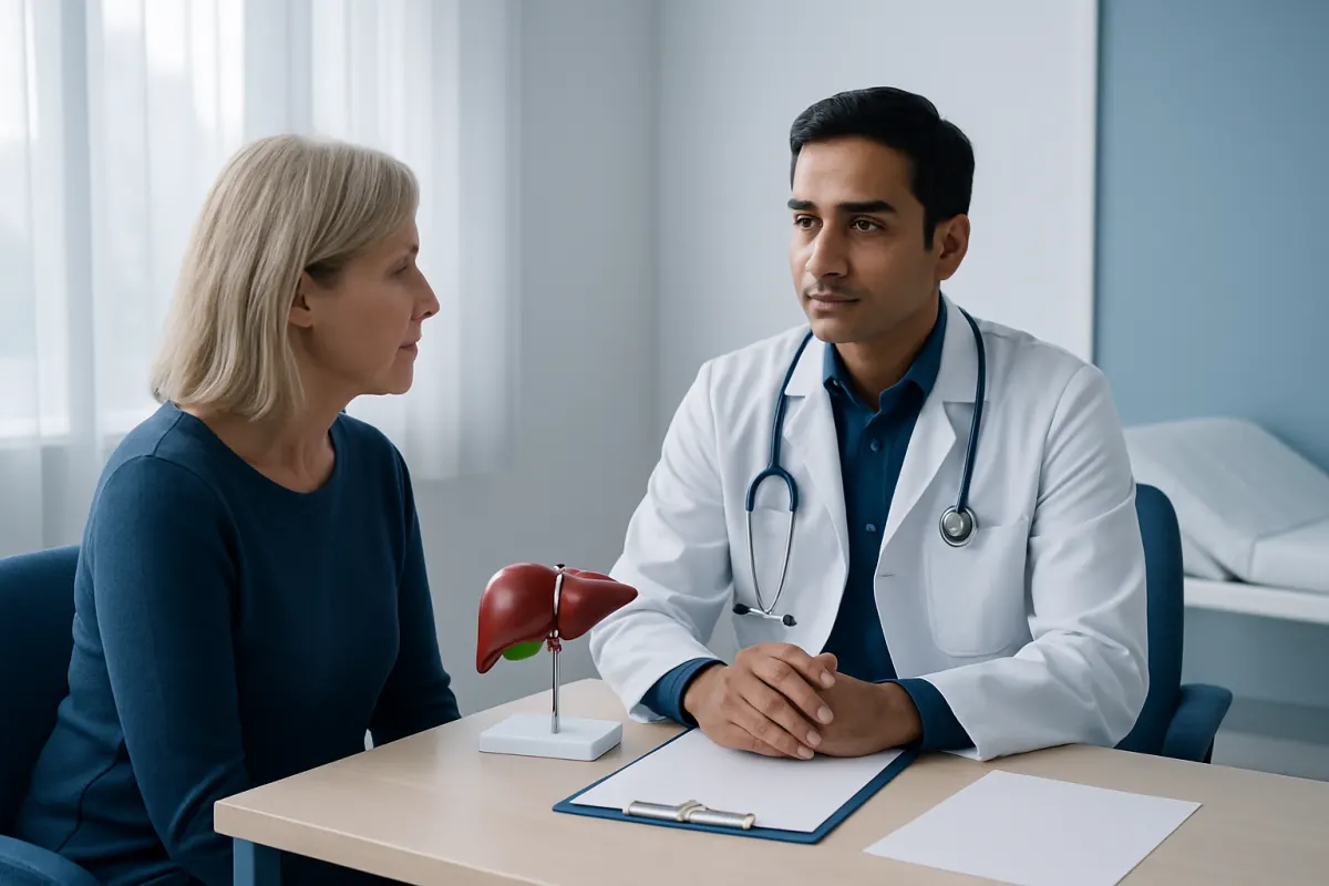 Doctor consulting with a female patient in a hospital setting.