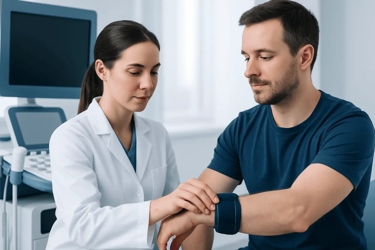 Doctor fitting a counterforce brace on a patient's arm for golfer's elbow treatment.