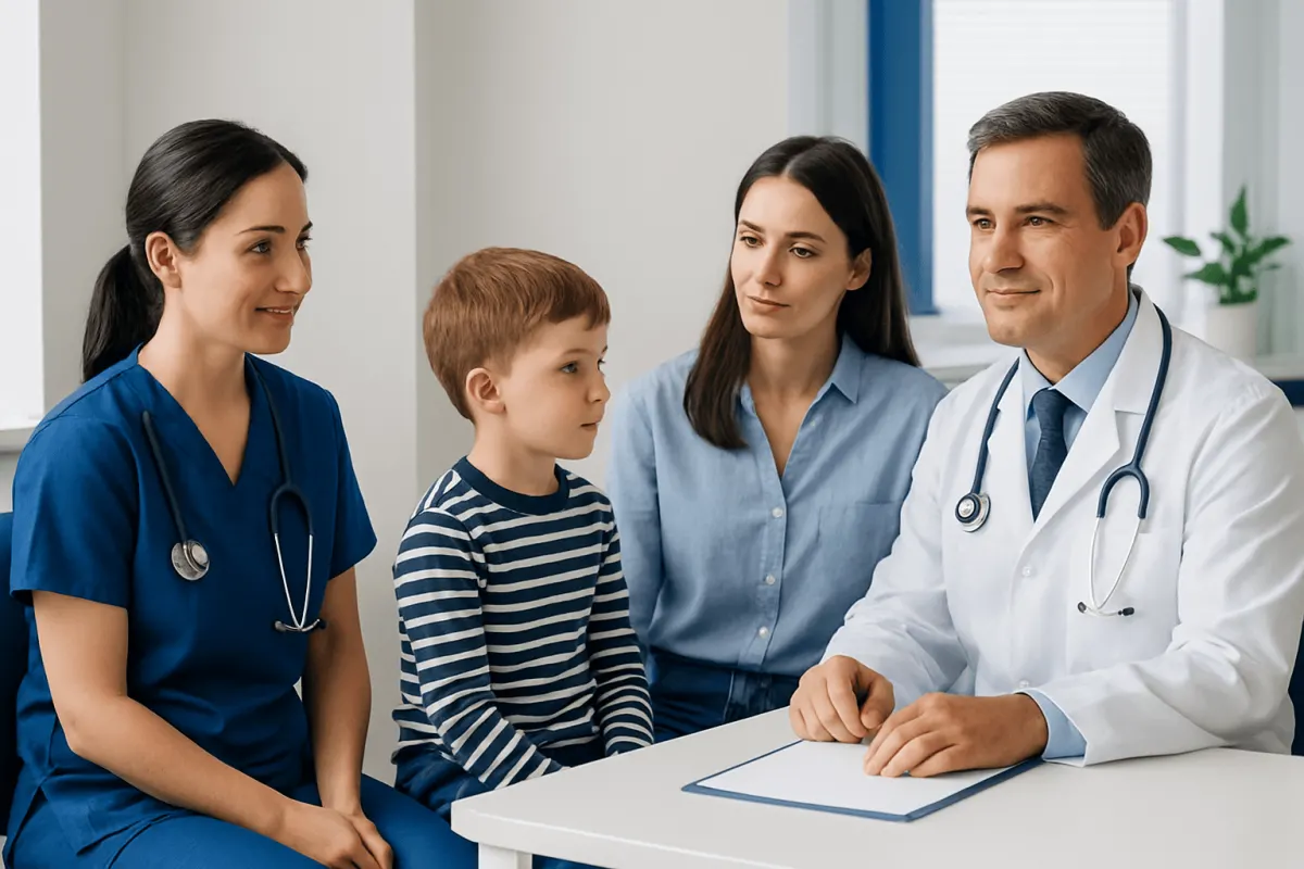 Pediatrician consulting with a family in a clinic setting.