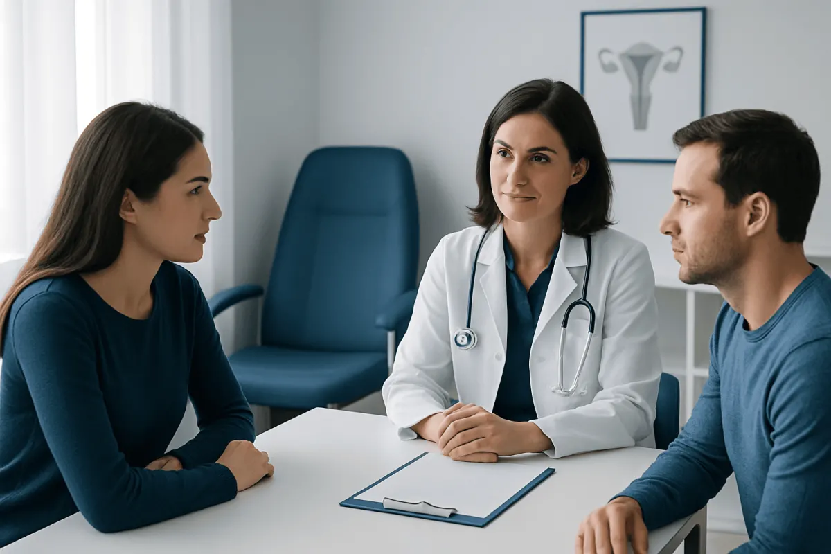 Doctor consulting with a couple about fertility treatment options.