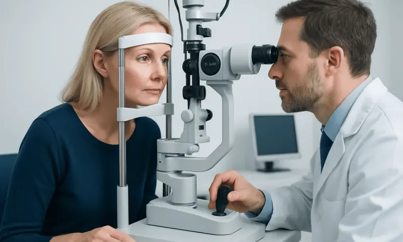 Optometrist performs eye examination using slit lamp on female patient.