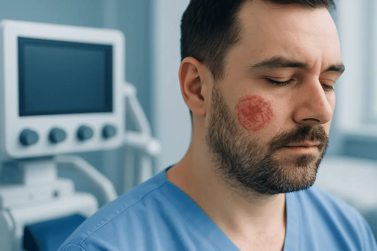 Man with facial ringworm in a medical setting.