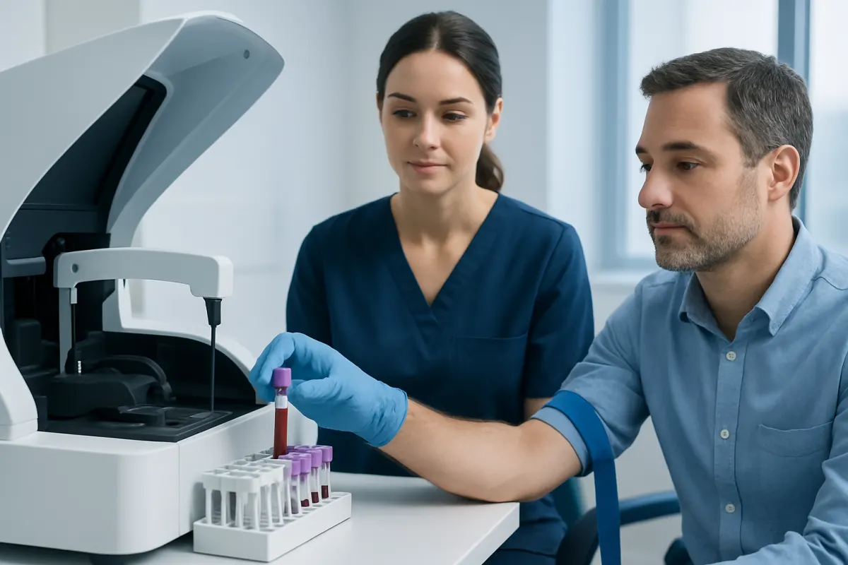 Laboratory technicians perform blood tests for health analysis.