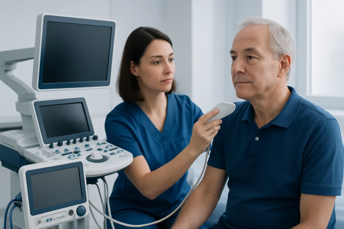 Medical professional performs a health check on an older man using ultrasound equipment.