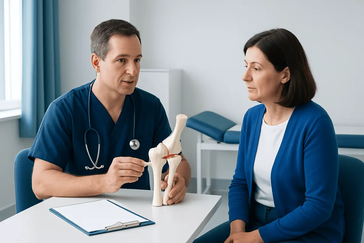 Orthopedic doctor explaining hip replacement to patient with model.