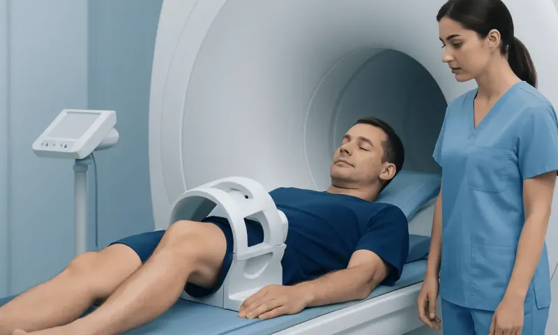 Patient undergoing knee MRI scan at Acibadem Hospital.
