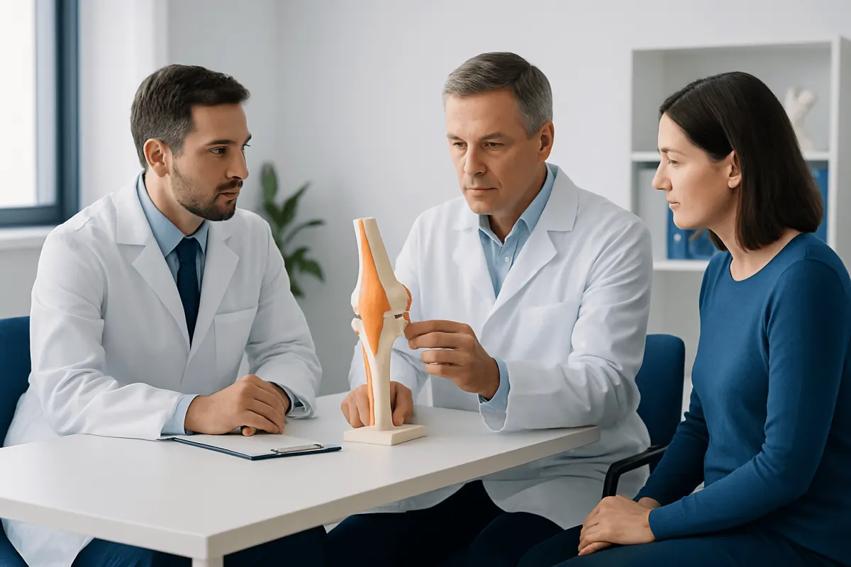 Orthopedic consultation with a knee model at Acibadem Hospital.