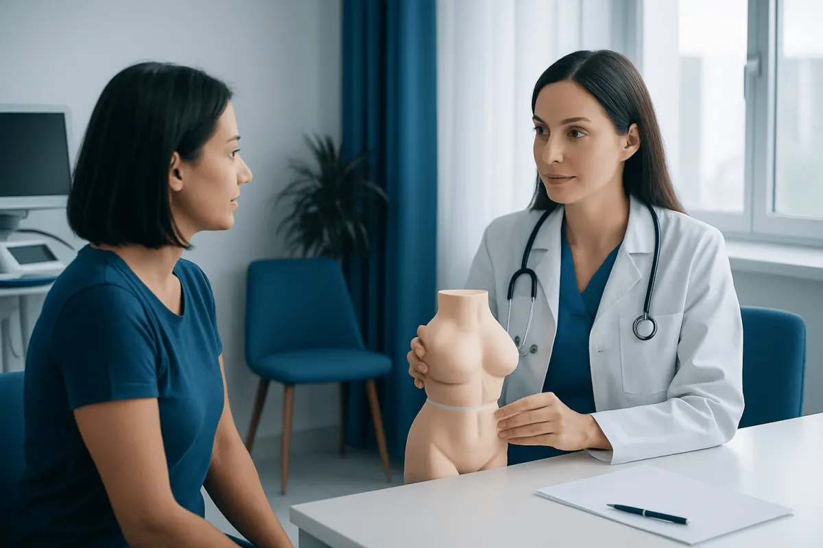 Doctor explaining liposuction options to patient in clinic.