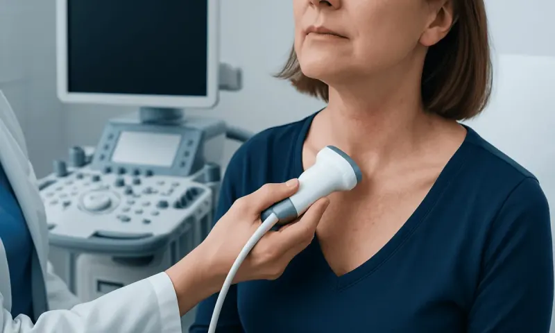 Doctor performing thyroid ultrasound on a woman in a medical clinic.