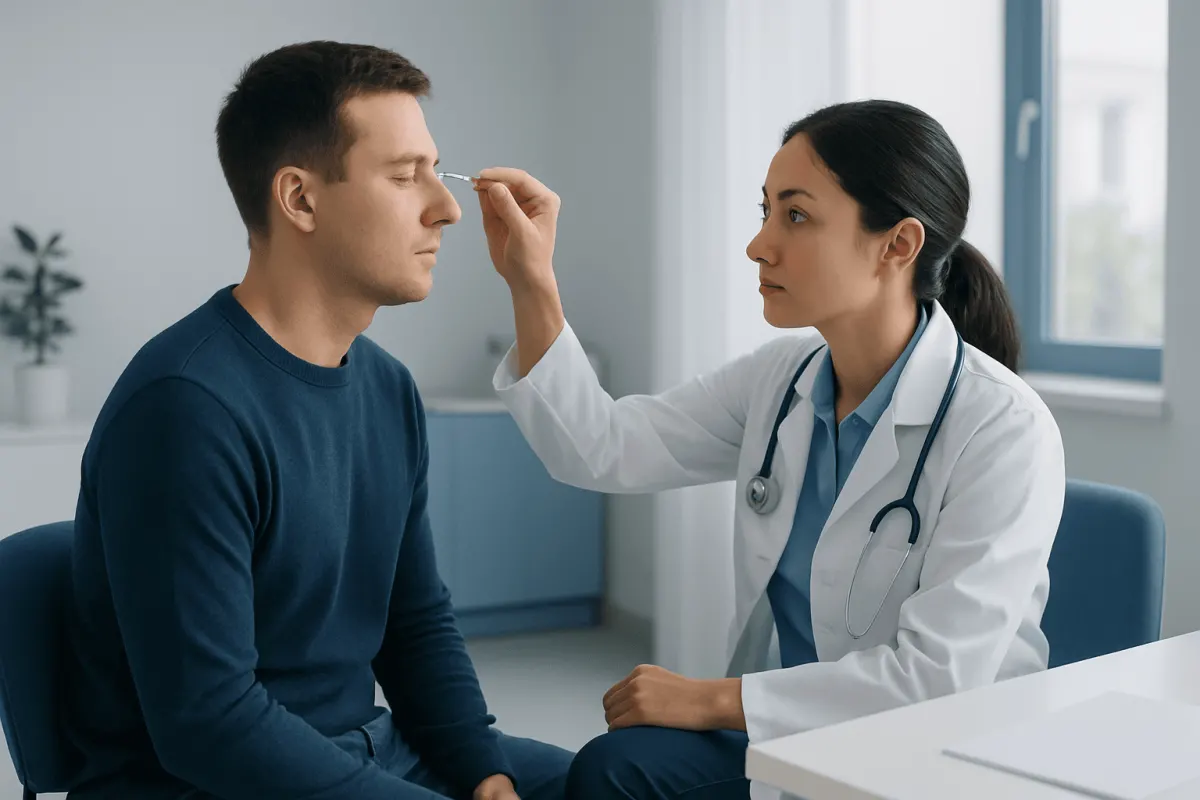 Doctor performing a corneal reflex test on a patient in a clinical setting.