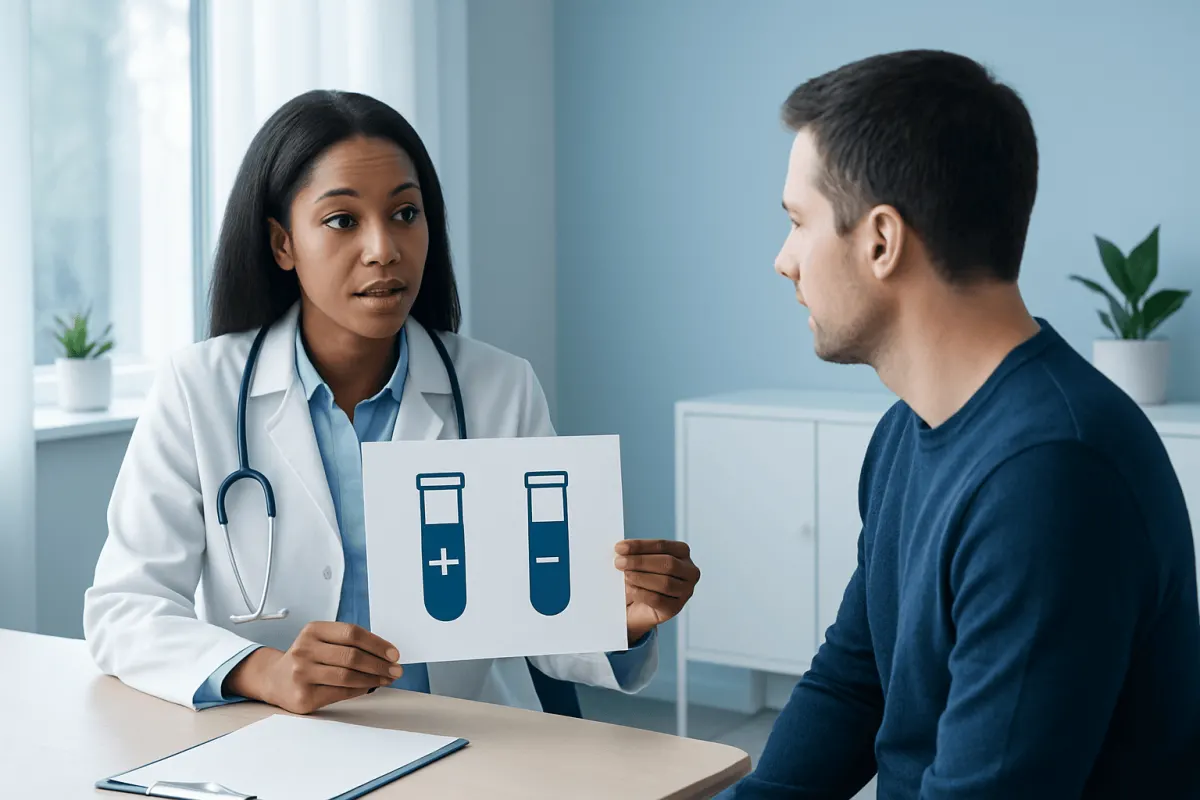 Doctor explains drug test results to patient using visual aids in clinic.