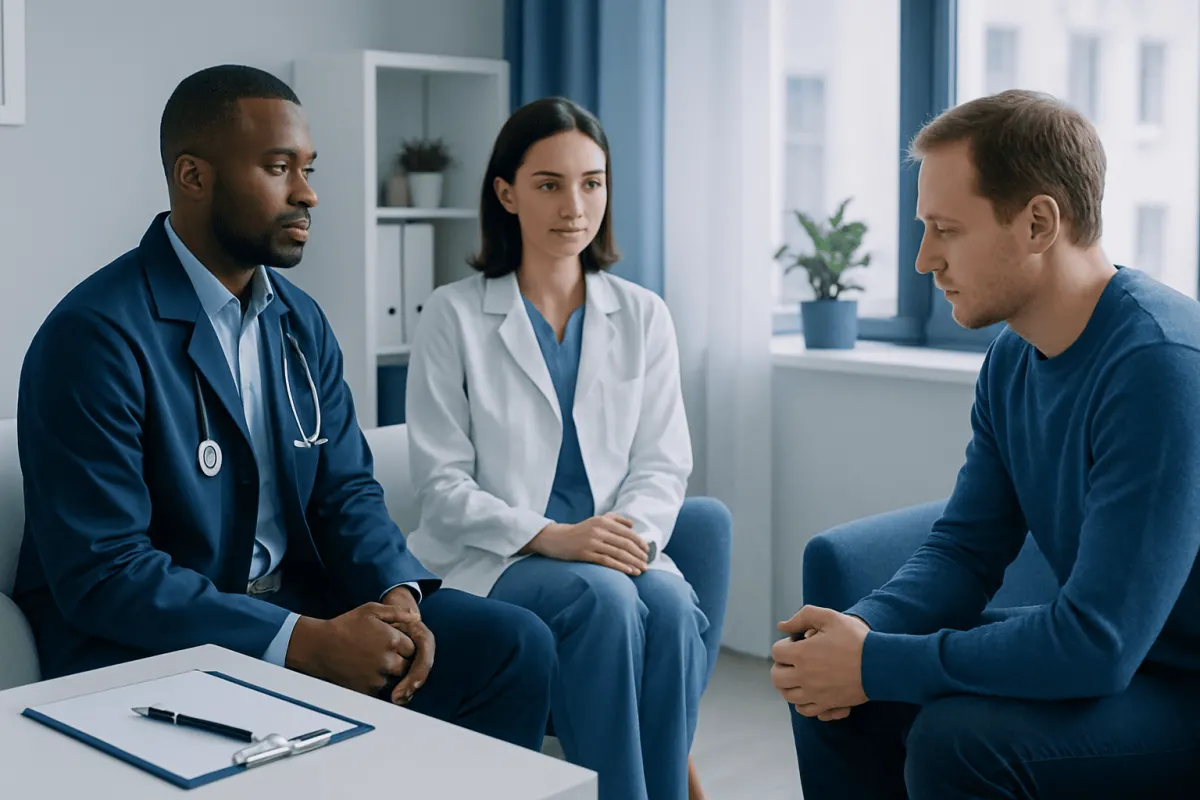 Neuropsychiatrist consulting with patient in a medical office.