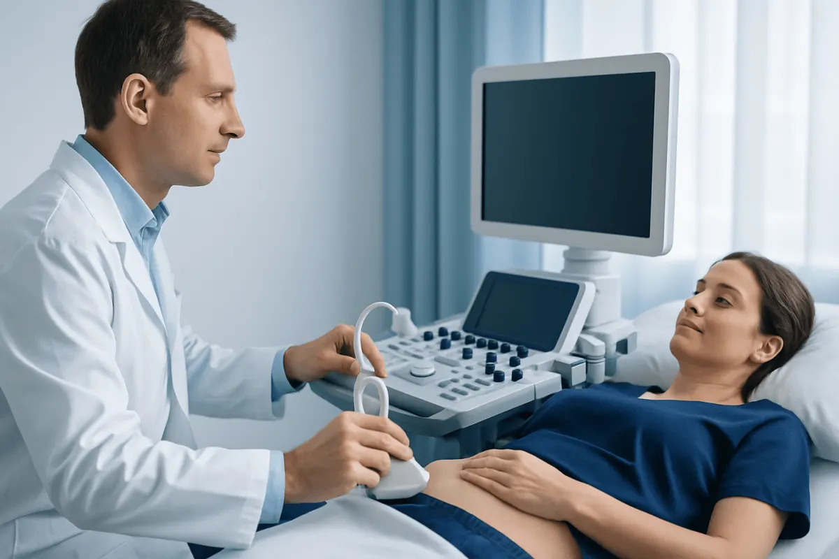 Doctor performing a renal ultrasound on a patient in a hospital room.