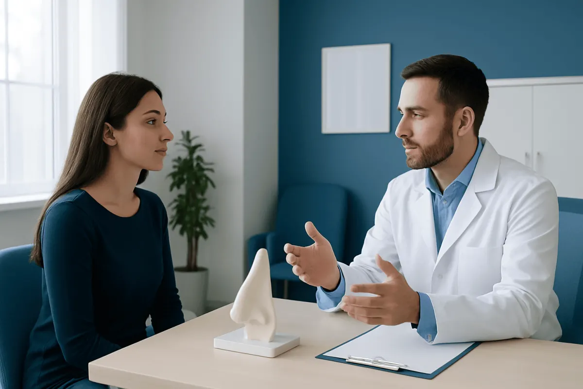 Doctor explaining rhinoplasty options to a patient in a clinic setting.