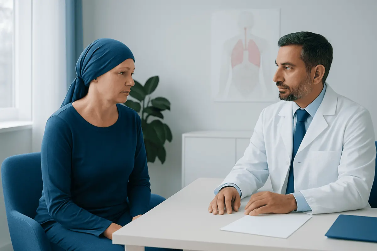 Doctor consulting with a female patient in a medical office setting.