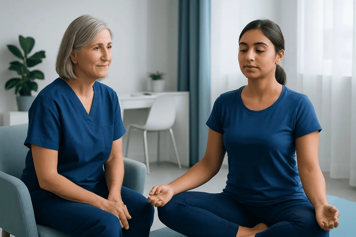 Young woman practicing meditation with a healthcare professional in a therapy session.