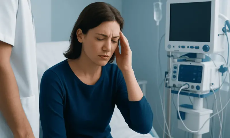 Woman experiencing headache in hospital setting with medical equipment nearby.