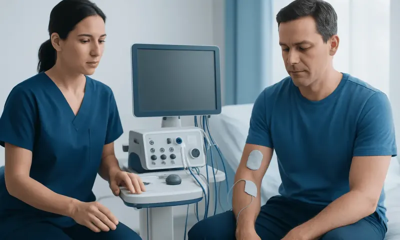 Doctor performing muscle spasm treatment with ultrasound therapy device.