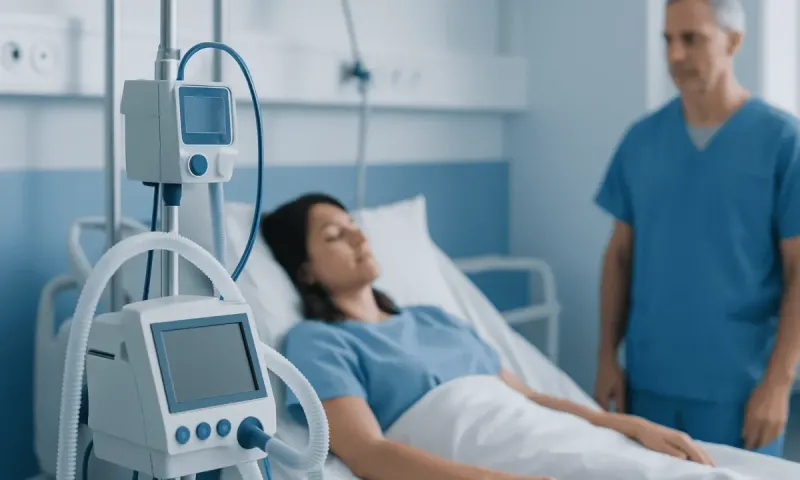Patient in hospital bed connected to medical ventilator and monitor.