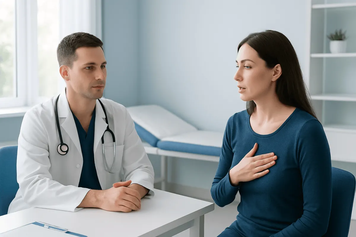 Doctor consulting with a patient about heart health and resting pulse.
