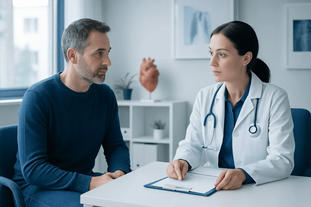 Doctor consulting with male patient in a medical office.
