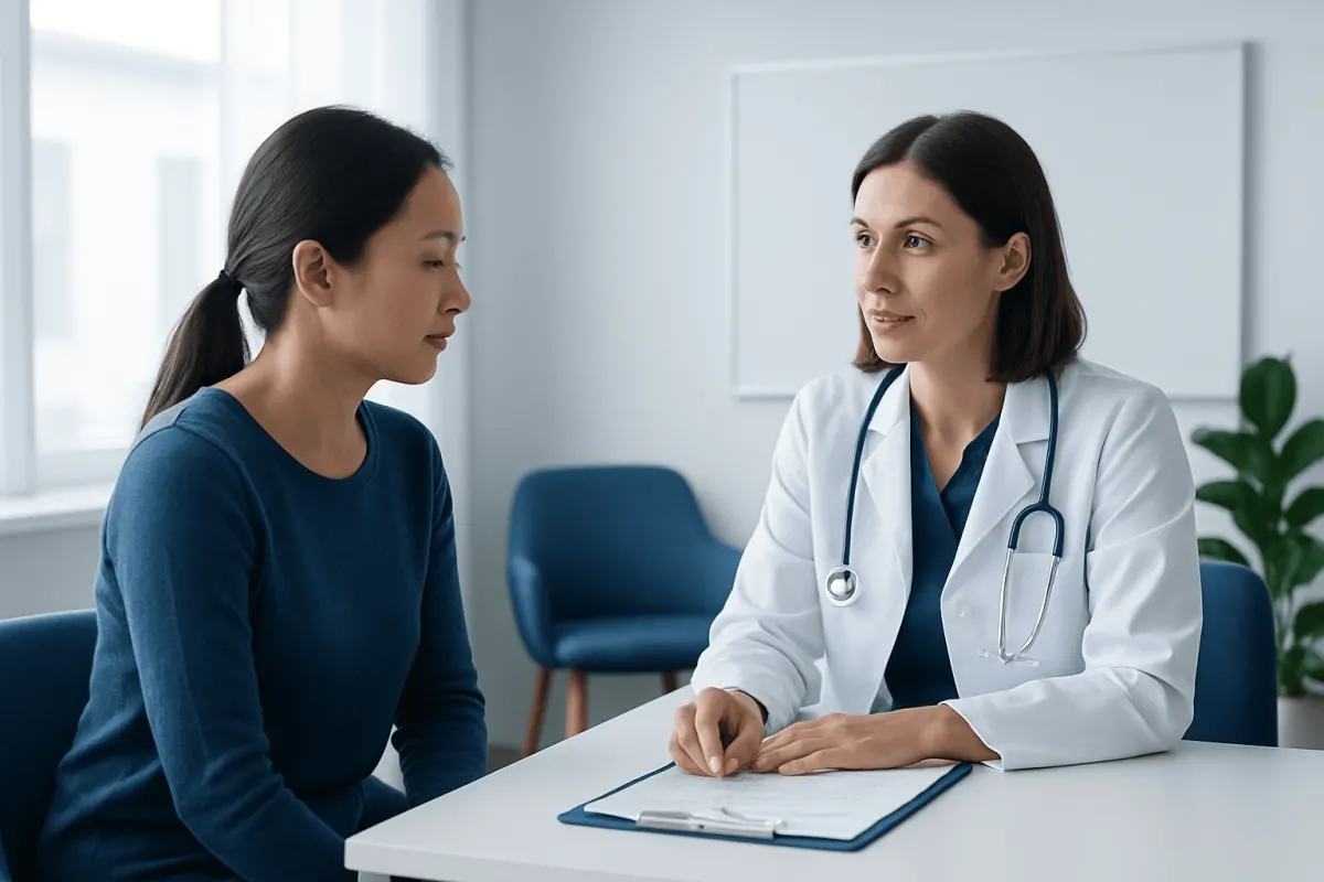 Doctor consulting with a patient in a modern medical office.