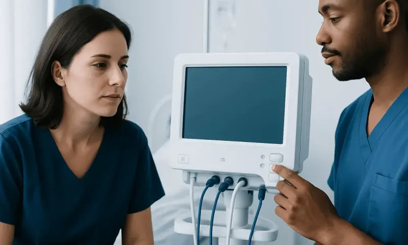 Medical professionals discussing patient health with monitor in hospital.