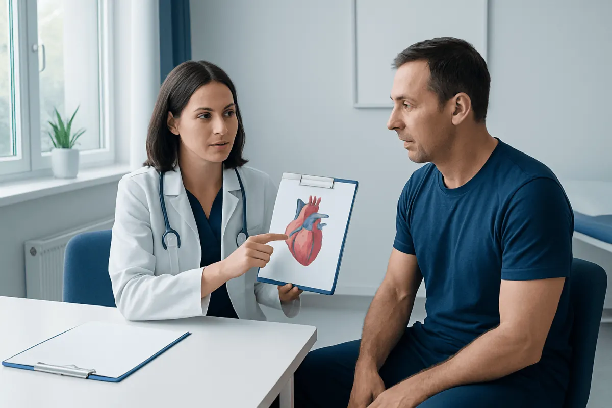 Doctor explaining heart health to patient during consultation.
