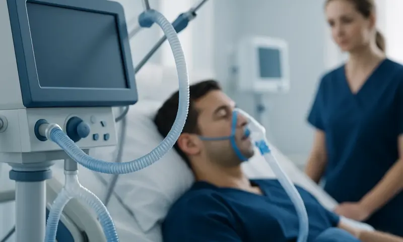 Patient on ventilator in hospital ICU with medical staff nearby.