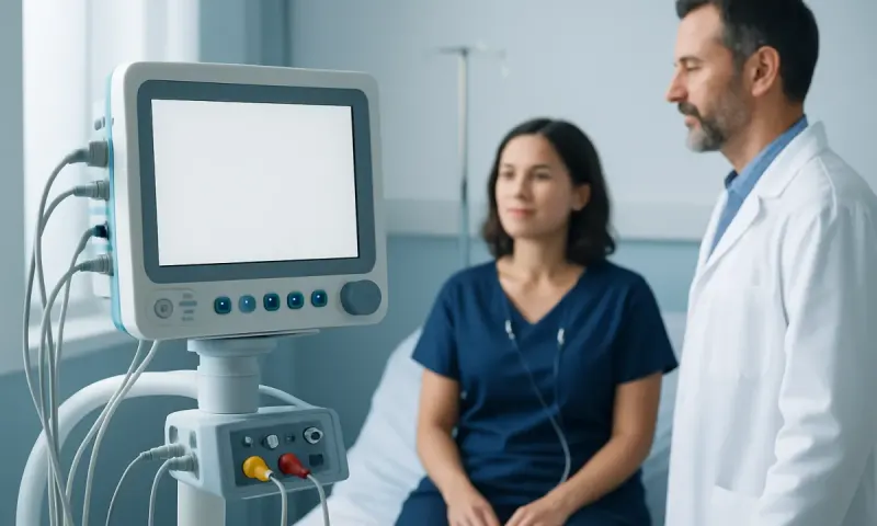 Doctor and patient in hospital room with medical monitor.
