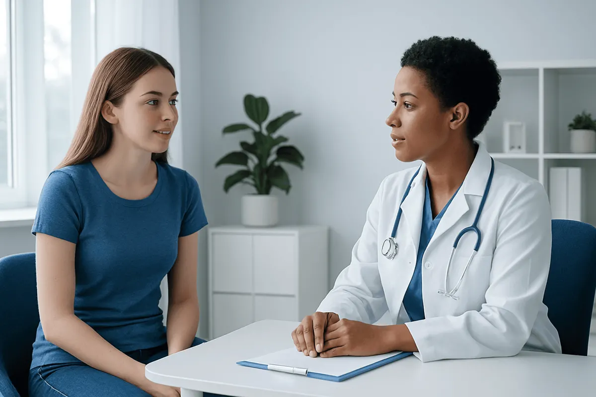 Doctor consulting with a young female patient in a modern clinic.