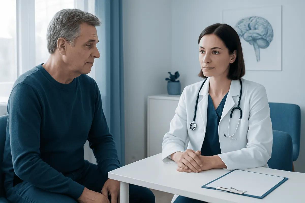 Doctor consulting with a male patient in a medical office setting.