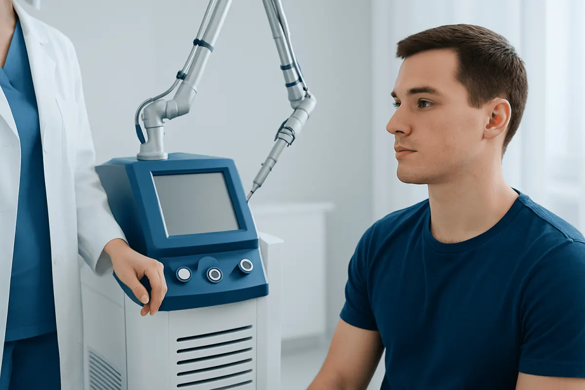 Medical professional preparing for acne scar treatment consultation in Turkey.
