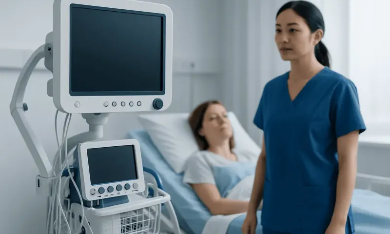 Healthcare professional with patient in hospital room with medical monitors.