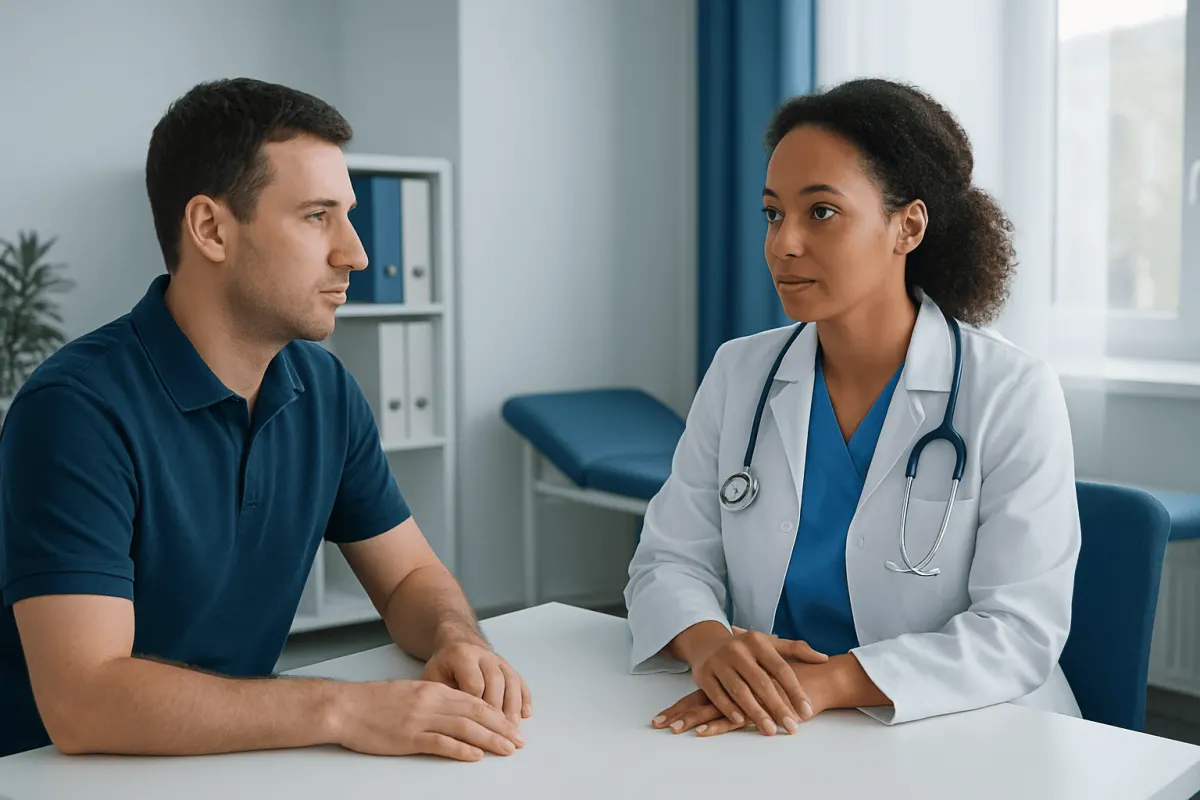 Doctor consulting with male patient in a medical office.