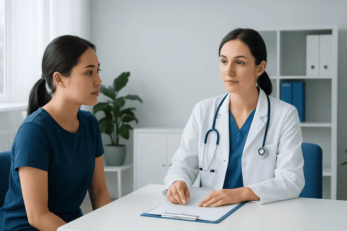 Doctor consulting with a patient in a modern medical office setting.